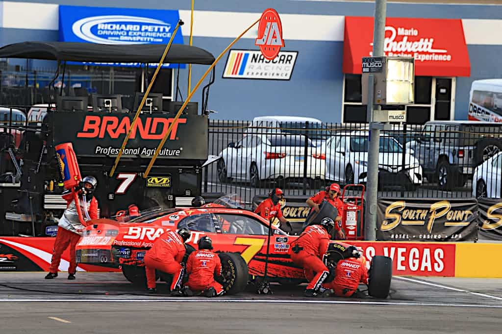 Justin Allgaier gets service on pit road during the 2020 Alsco 300 at Las Vegas Motor Speedway. Photo courtesy of Jim Fluharty with Harold Hinson Photography.