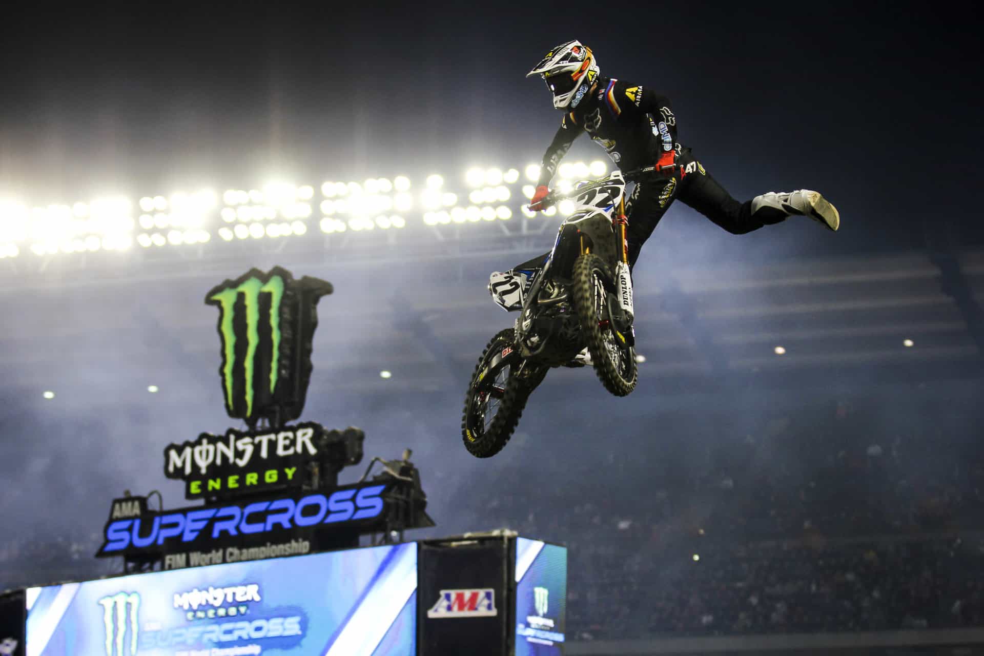 Chad Reed throws a Nac-Nac to the fans at Anaheim 2 in 2020 during his last full-time season with the Monster Energy AMA Supercross series. Photo by Rachel Schuoler / Kickin' the Tires.