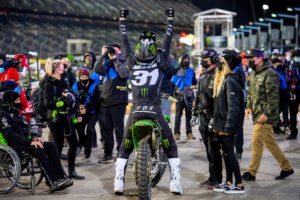 Cameron mcadoo celebrates after his victory at the prestigious daytona supercross course. Photo by feld entertainment, inc.