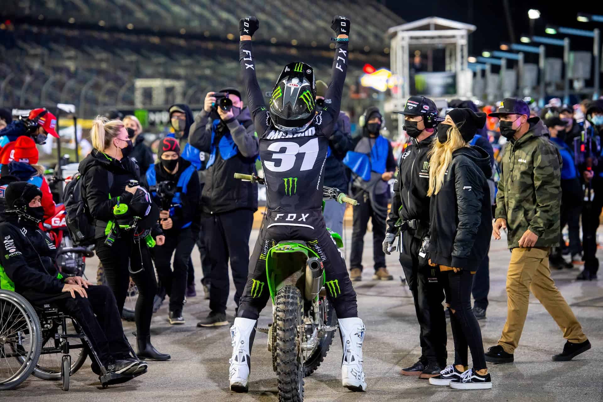 Cameron Mcadoo celebrates after his victory at the prestigious Daytona Supercross course. Photo by Feld Entertainment, Inc.