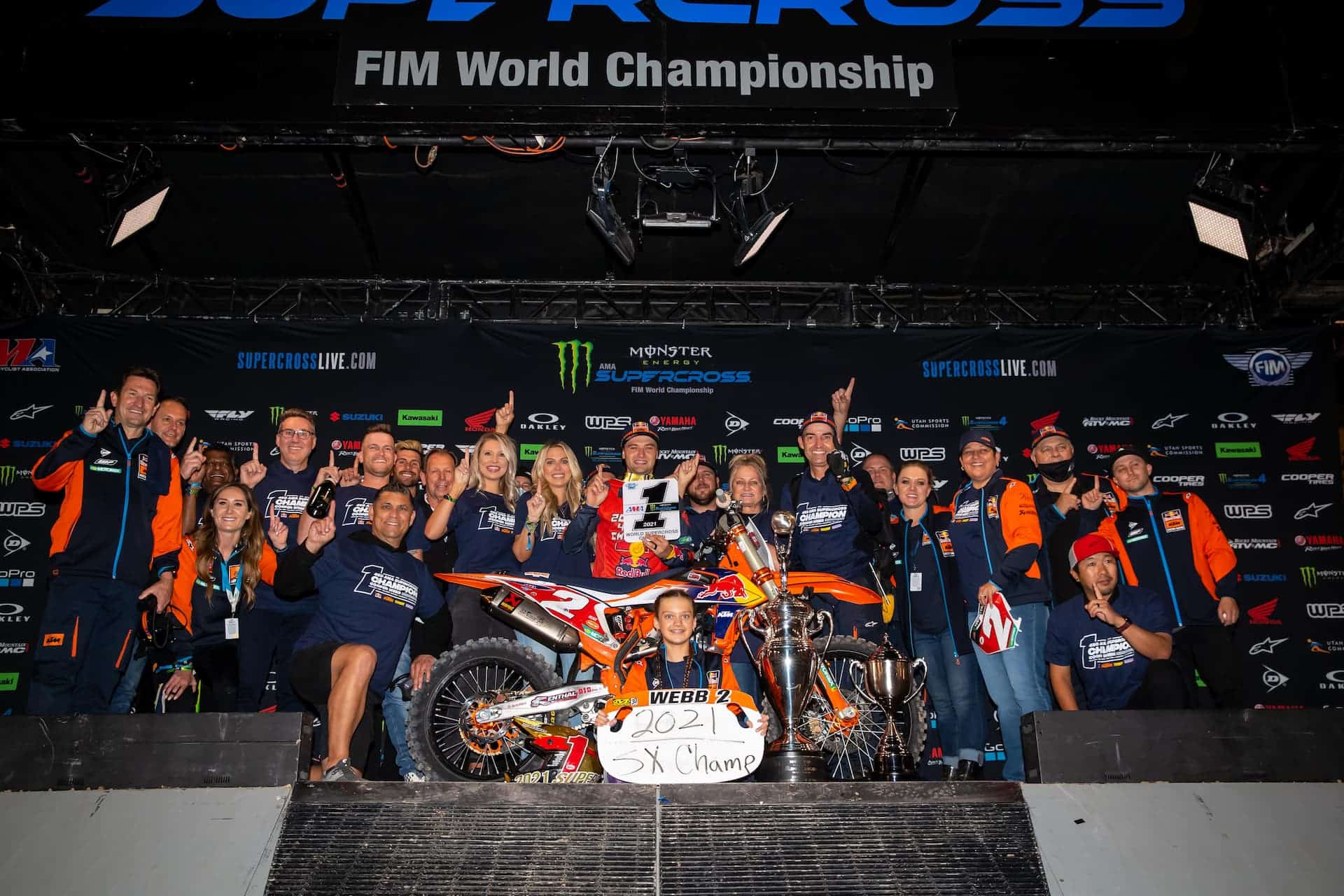Cooper Webb celebrates with his KTM team on his second Monster Energy AMA 450 Supercross championship. Photo by Feld Entertainment, Inc.