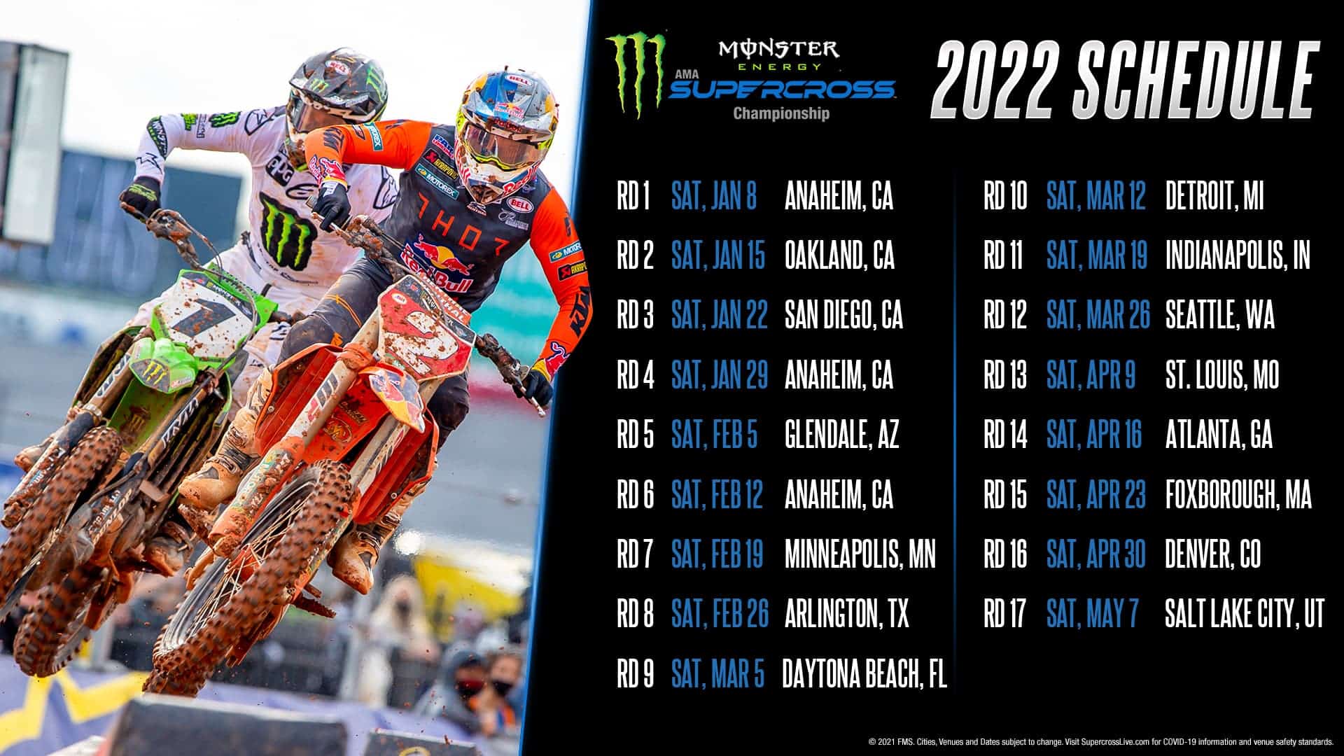 The 2022 monster energy ama supercross championship schedule has been released.