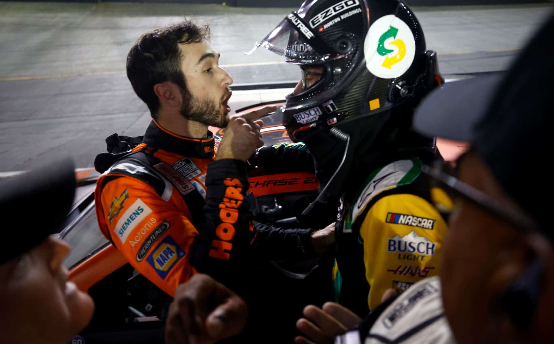 Credit: BRISTOL, TENNESSEE - SEPTEMBER 18: Chase Elliott, driver of the #9 Hooters Chevrolet,(L) and Kevin Harvick, driver of the #4 Subway Delivery Ford, have a heated conversation after an incident late in the NASCAR Cup Series Bass Pro Shops Night Race at Bristol Motor Speedway on September 18, 2021 in Bristol, Tennessee. (Photo by Jared C. Tilton/Getty Images)