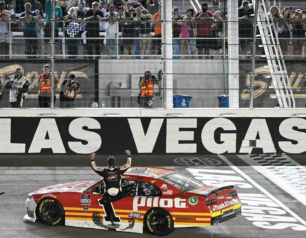 JR Motorsports rookie, Josh Berry, parks the No. 1 Pilot Travel Centers Chevrolet in victory lane at Las Vegas Motor Speedway in the Alsco 301 NASCAR Xfinity Series race. Photo by Jerry Jordan/Kickin' the Tires