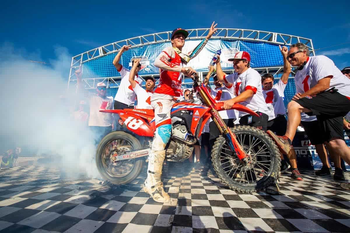 Jett Lawrence wins the 2021 Lucas Oil Pro Motocross Championship for the 250 Class after the season finale at the Carson City Motorsports Hangtown Motocross Classic. Photo by Align Media.