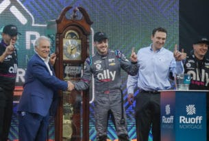 Alex Bowman took home the famed Grandfather Clock from Martinsville Speedway. Photo by Nigel Kinrade Photography