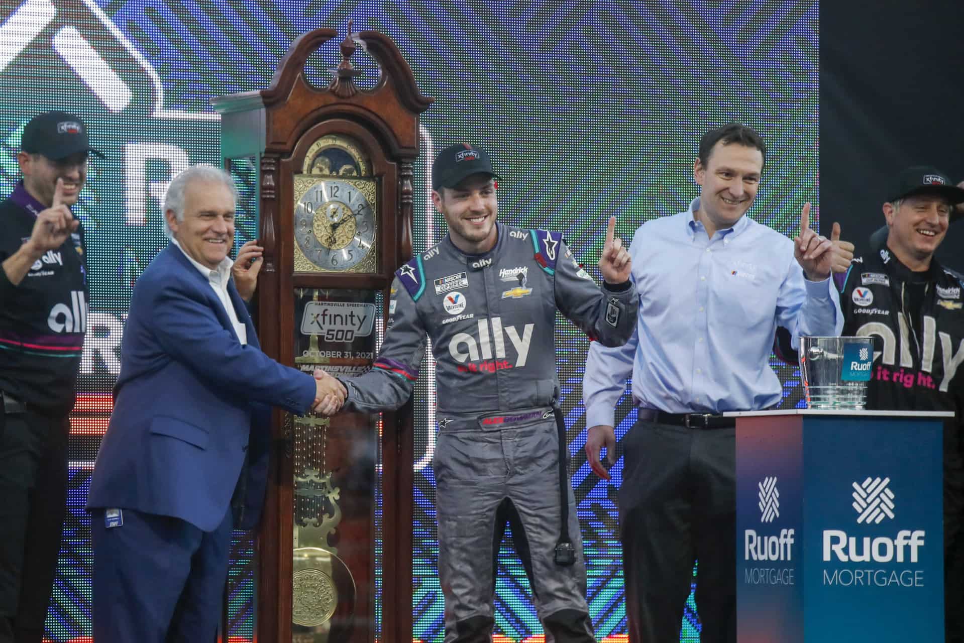 Alex Bowman took home the famed Grandfather Clock from Martinsville Speedway. Photo by Nigel Kinrade Photography