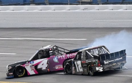 John Hunter Nemechek goes spinning off the bumper of Tate Fogleman at Talladega Superspeedway as the two battle for the checkered flag. Photo by Jerry Jordan/Kickin' the Tires