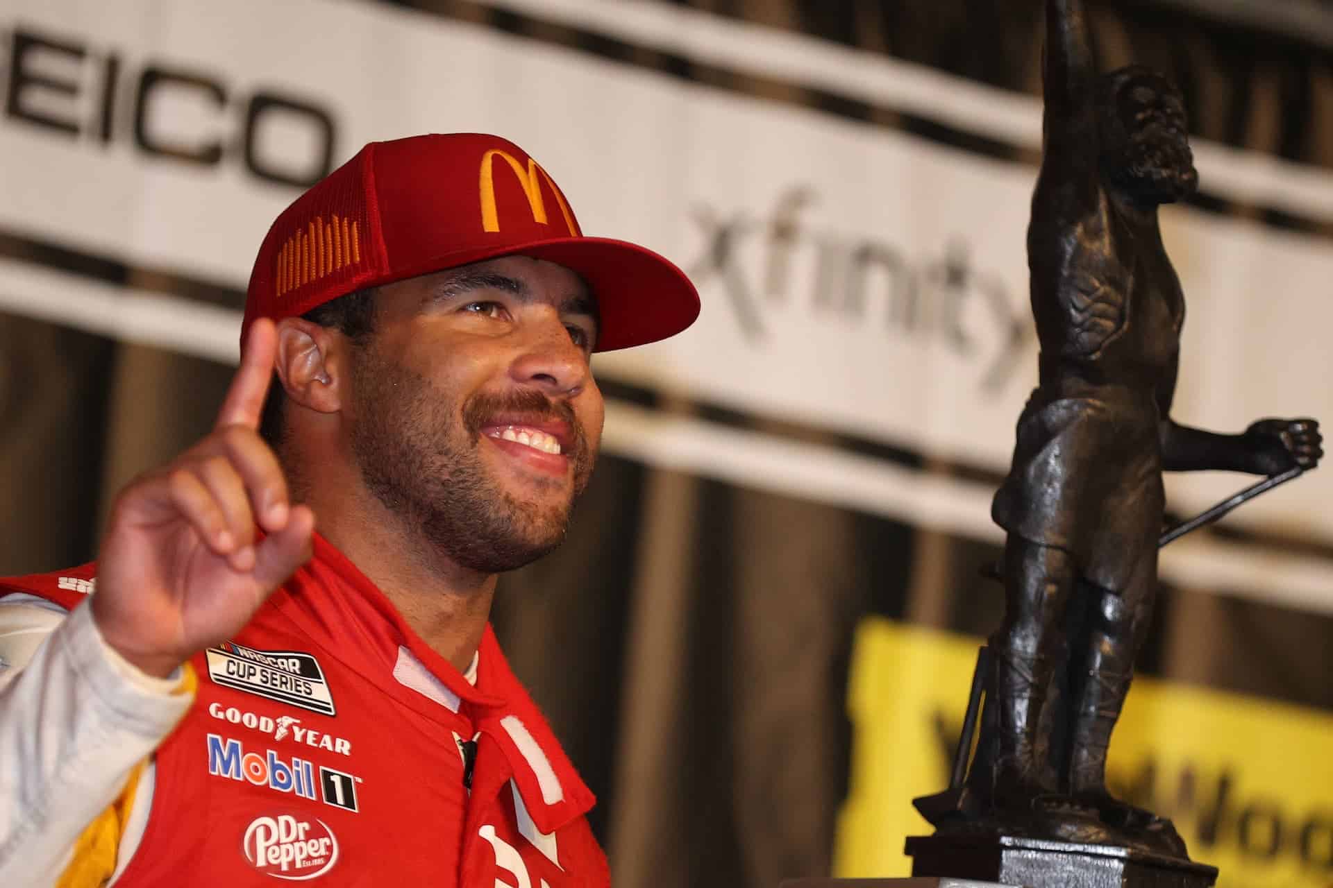Credit: TALLADEGA, ALABAMA - OCTOBER 04: Bubba Wallace, driver of the #23 McDonald's Toyota, celebrates in victory lane after winning the rain-shortened NASCAR Cup Series YellaWood 500 at Talladega Superspeedway on October 04, 2021 in Talladega, Alabama. (Photo by Chris Graythen/Getty Images)
