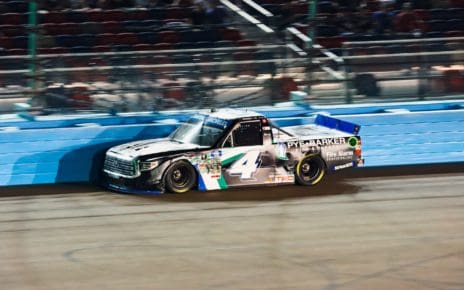 John Hunter Nemechek suffers damage early in the Lucas Oil 150 and is unable to recover to fight for the 2021 NASCAR Camping World Truck Series championship at Phoenix Raceway. Photo by Rachel Schuoler / Kickin' the Tires