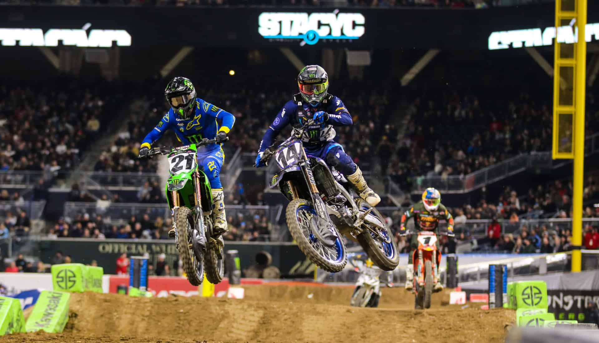 Dylan Ferrandis battles with Jason Anderson at San Diego Supercross in 2022. Photo by Rachel Schuoler with Kickin' the Tires.