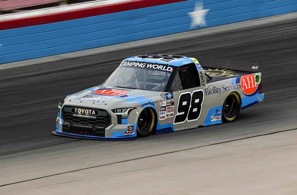 Chirstian eckes looked like he had the speedycash. Com 220 in the bag at texas motor speedway going into the final lap but stewart frisen snuck by to steal the victory. Photo by rachel schuoler/kickin' the tires