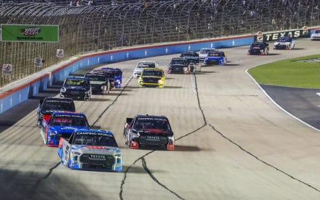 Christian Eckes led the field on the final lap at Texas Motor Speedway but was chased down by Stewart Friesen, who stole the win. Photo by Rachel Schuoler/Kickin' the Tires