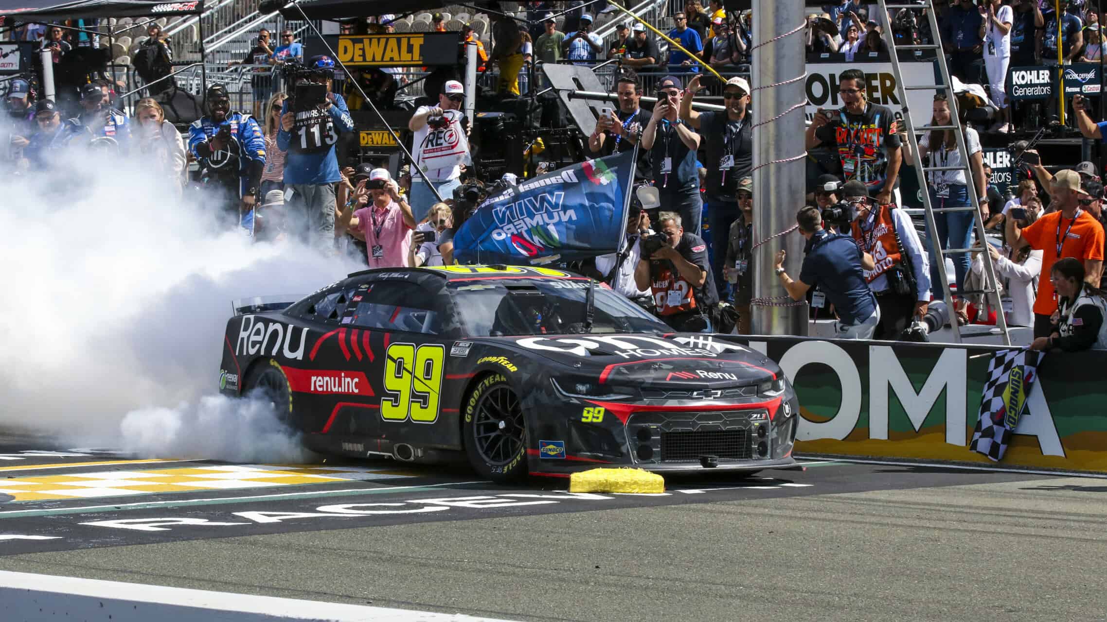 Daniel Suarez wins at Sonoma Raceway in the 2022 Toyota Save Mart 350 for Trackhouse Racing in the NASCAR Cup Series.