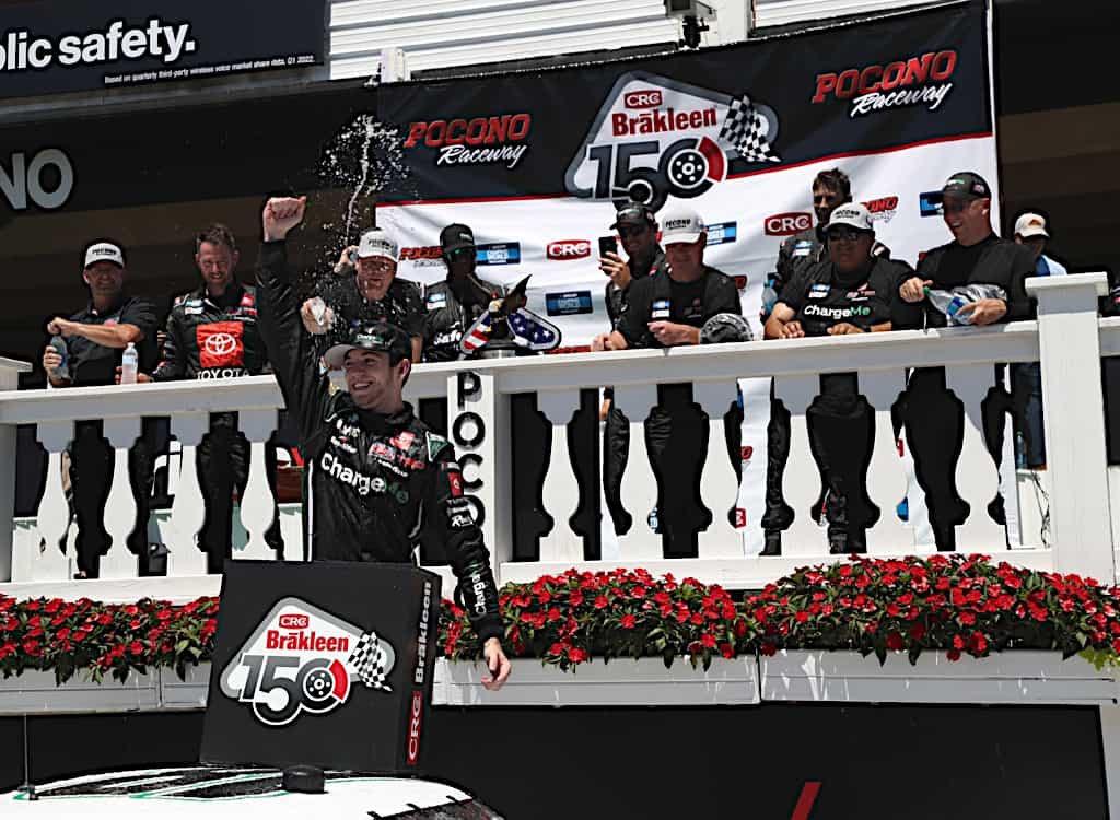 Chandler Smith wins at Pocono Raceway in the 2022 CRC Brakleen 150 for Kyle Busch Motorsports in the NASCAR Camping World Truck Series.