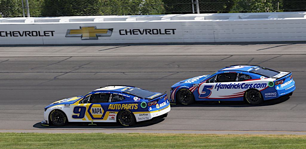 Chase Elliott wins at Pocono Raceway in the 2022 M&Ms Fan Appreciation 400 for Hendrick Motorsports in the NASCAR Cup Series.