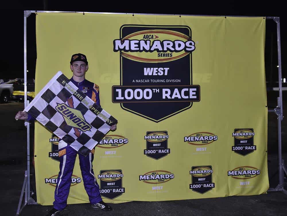 Tanner Reif wins the 1,000th race in ARCA Menards Series West history at Evergreen Speedway.