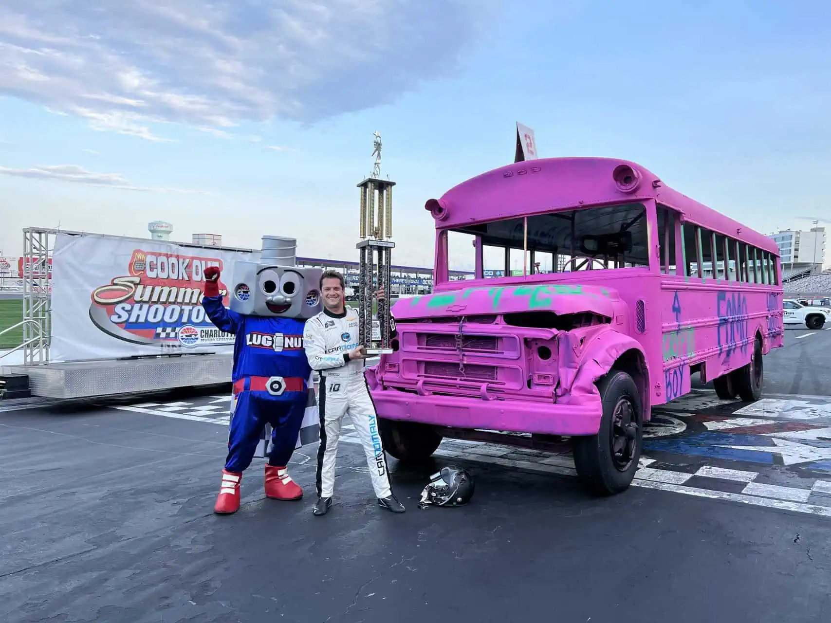 Kaulig Racing gives back to short track racing as Landon Cassill, Justin Haley, Daniel Hemric, and Chris Rice raced school buses in the Cook Out Summer Shootout at Charlotte Motor Speedway.