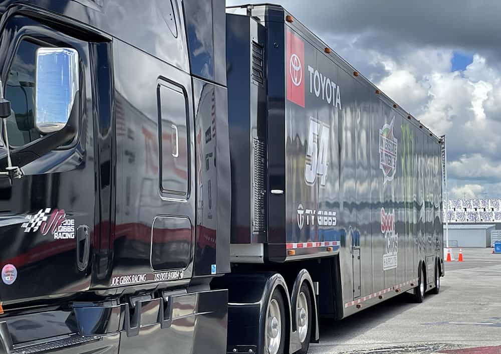 The joe gibbs racing xfinity series hauler for ty gibbs arrived at daytona international speedway on thursday, august 25, 2022. Photo by jerry jordan/kickin' the tires