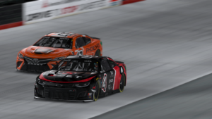 Ryan luza played spoiler in the enascar coca-cola iracing series playoffs at bristol motor speedway.