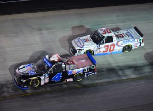 Kaden Honeycutt chases John Hunter Nemechek Thursday night at Bristol Motor Speedway.