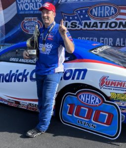 Ron capps, antron brown, greg anderson, and matt smith capture the indy win in the nhra camping world drag racing series.