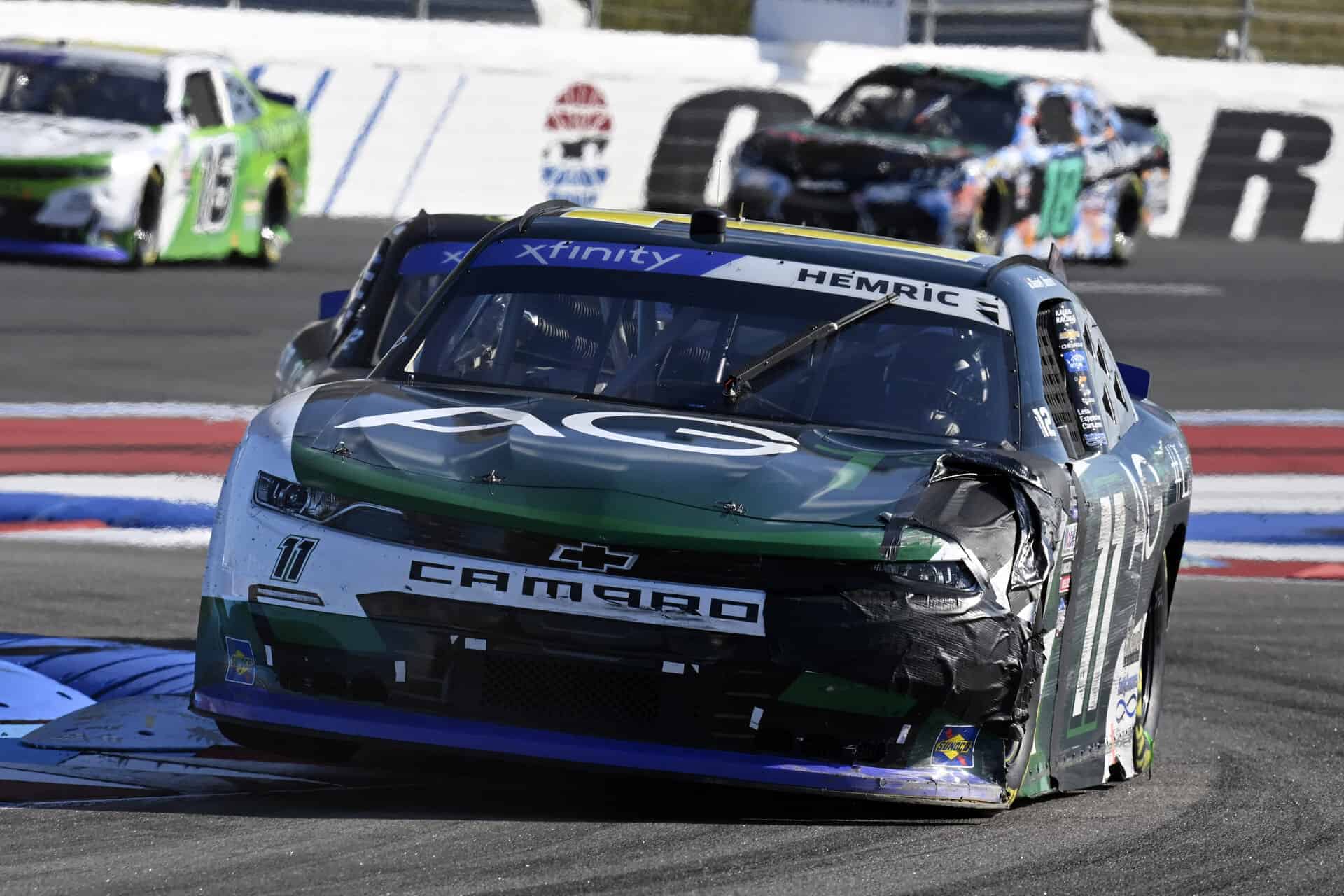 Daniel Hemric charges through the field after early race damage, but fell short of advancing into the Round of 8 in the NASCAR Xfinity Series Playoffs. Photo by Nigel Kinrade Photography.