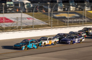 Sam Mayer (1) leads A.J. Allmendinger (16) and Landon Cassill in the final laps Saturday at Talladega Superspeedway.