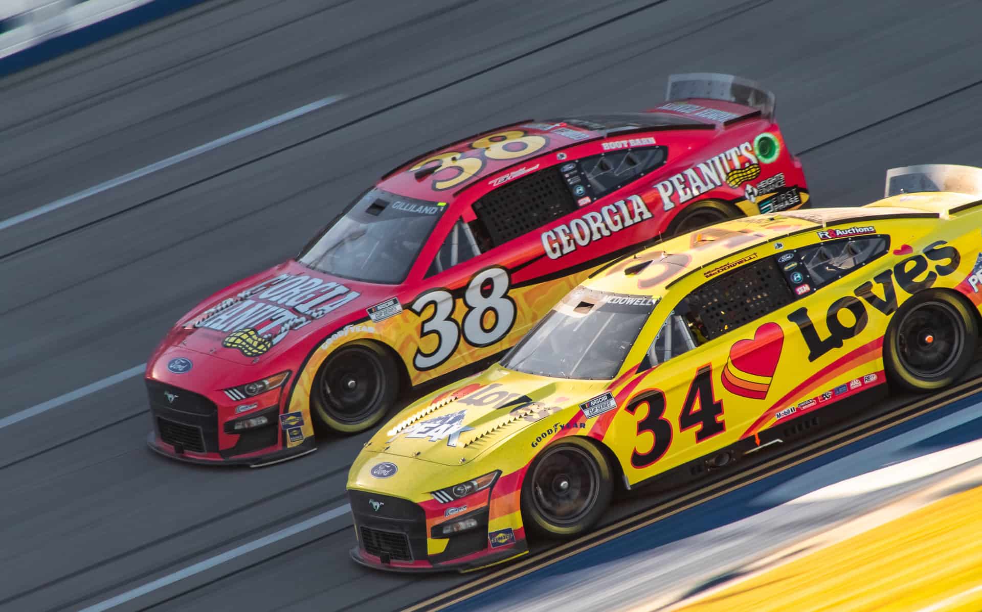 Michael McDowell (34) and Todd Gilliland both posted strong days for Front Row Motorsports Sunday at Talladega Superspeedway.