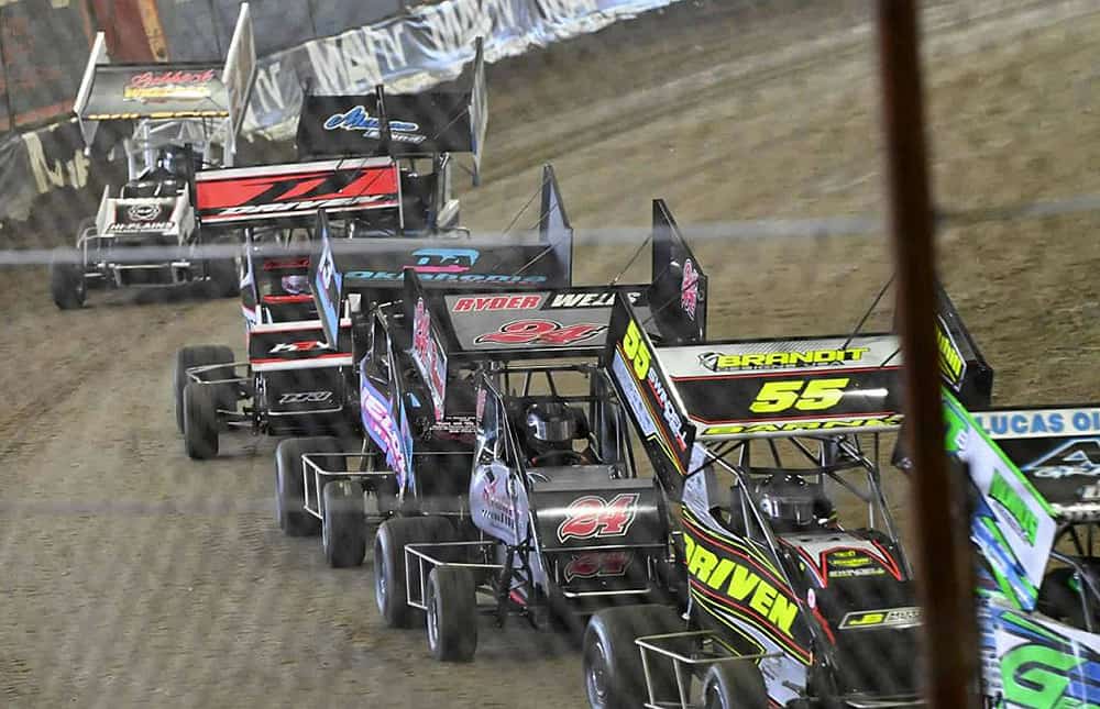 Racers line-up for a restart during the 2020 Tulsa Shootout. Photo by Jerry Jordan/Kickin' the Tires