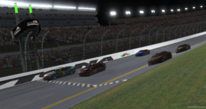 Enascar coca-cola iracing series driver ryan doucette wins the barr visuals ftf 500 in a photo finish.