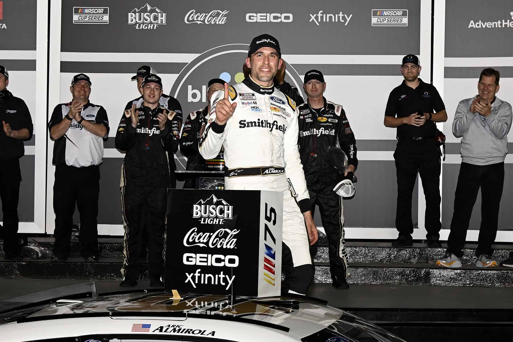 Aric Almirola celebrates in victory lane after Thursday's second Bluegreen Vacations Duel at Daytona.