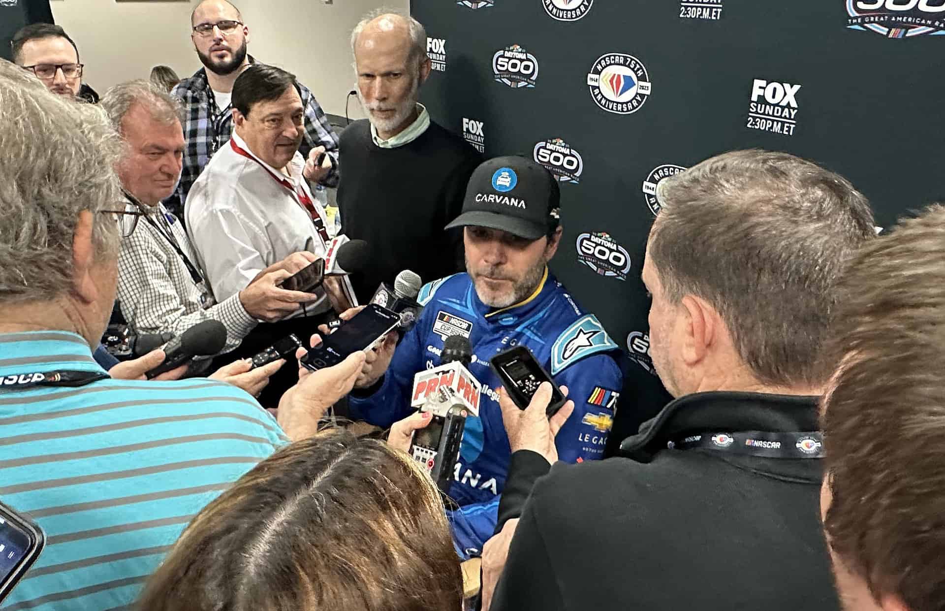 Jimie Johnson takes questions for media ahead of his attempt to qualify for the 2023 Daytona 500. Photo by Jerry Jordan/Kickin' the Tires