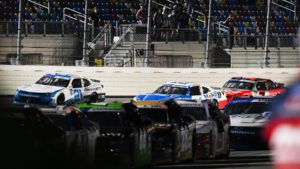 Austin Hill (21) waits for the video review of Saturday's NASCAR Xfinity Series finish.