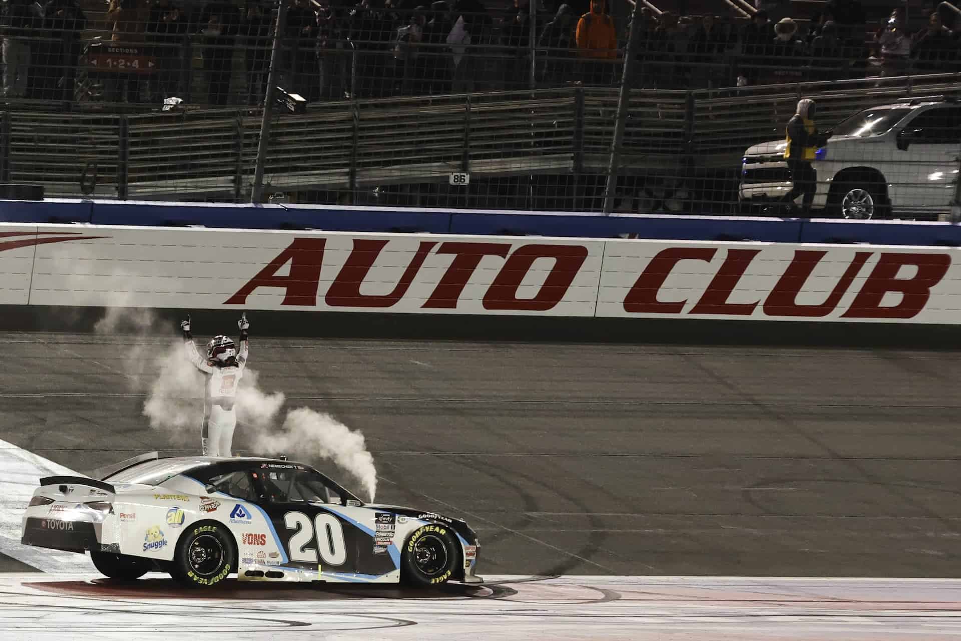 John Hunter Nemechek wins the last race at Auto Club Speedway in the Production Alliance Group 300. Photo by Nigel Kinrade Photography.