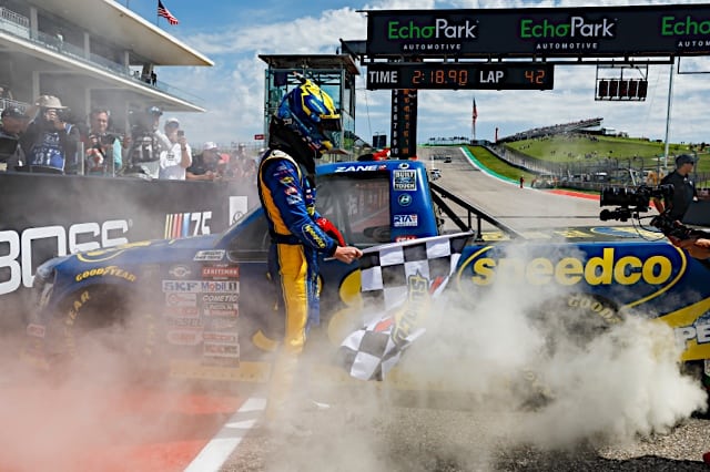 Zane Smith wins at Circuit of the Americas in the 2023 XPEL 225 for Front Row Motorsports in the NASCAR Craftsman Truck Series. Photo by Harold Hinson Photography.