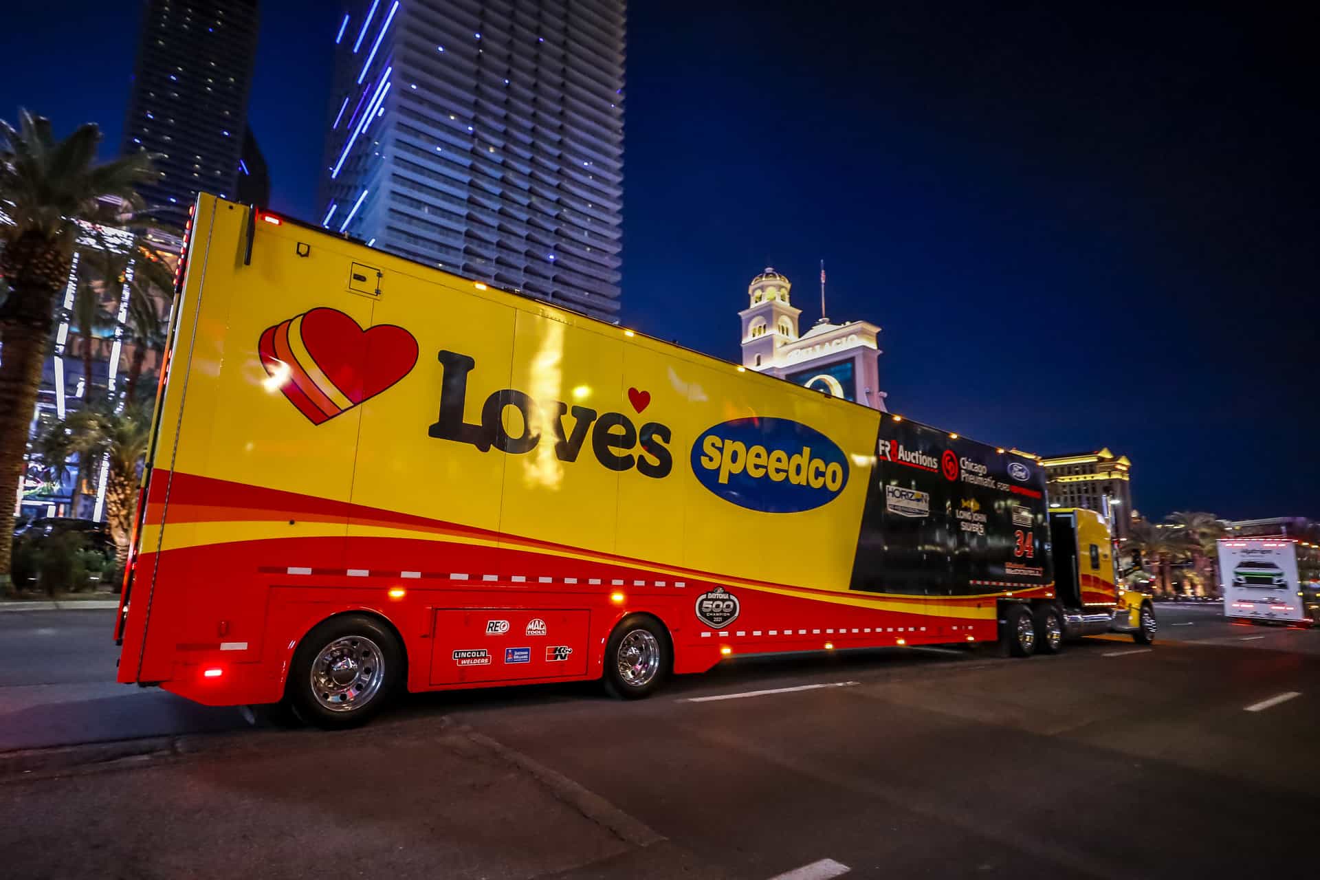 The Love's hauler drives through Las Vegas for the NASCAR Cup Series race weekend at Las Vegas Motor Speedway. Photo by Nigel Kinrade Photography.