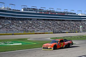 Justin allgaier was forced to rally after a mistake on a restart at las vegas motor speedway resulted in a penalty from nascar xfinity series officials.