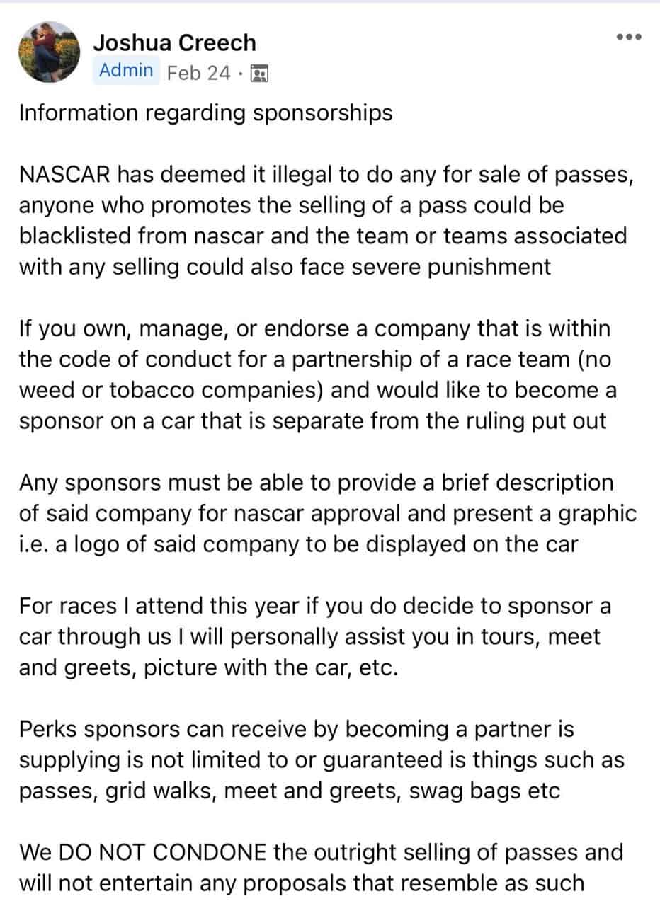 Nascar has indefinitely suspended joshua creech and fined him $25,000 for selling vip passes in violation of rule 4. 4d.