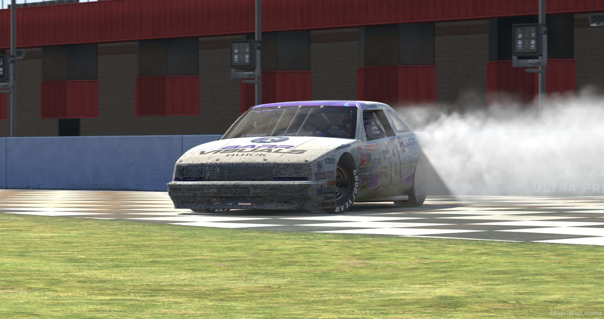 Michael Frisch captured the win in the marathon California 550 benefiting the Music City Drum Corps at the virtual Auto Club Speedway on iRacing.