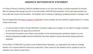 Nascar penalized hendrick motorsports kaulig racing and denny hamlin for violations at phoenix raceway.
