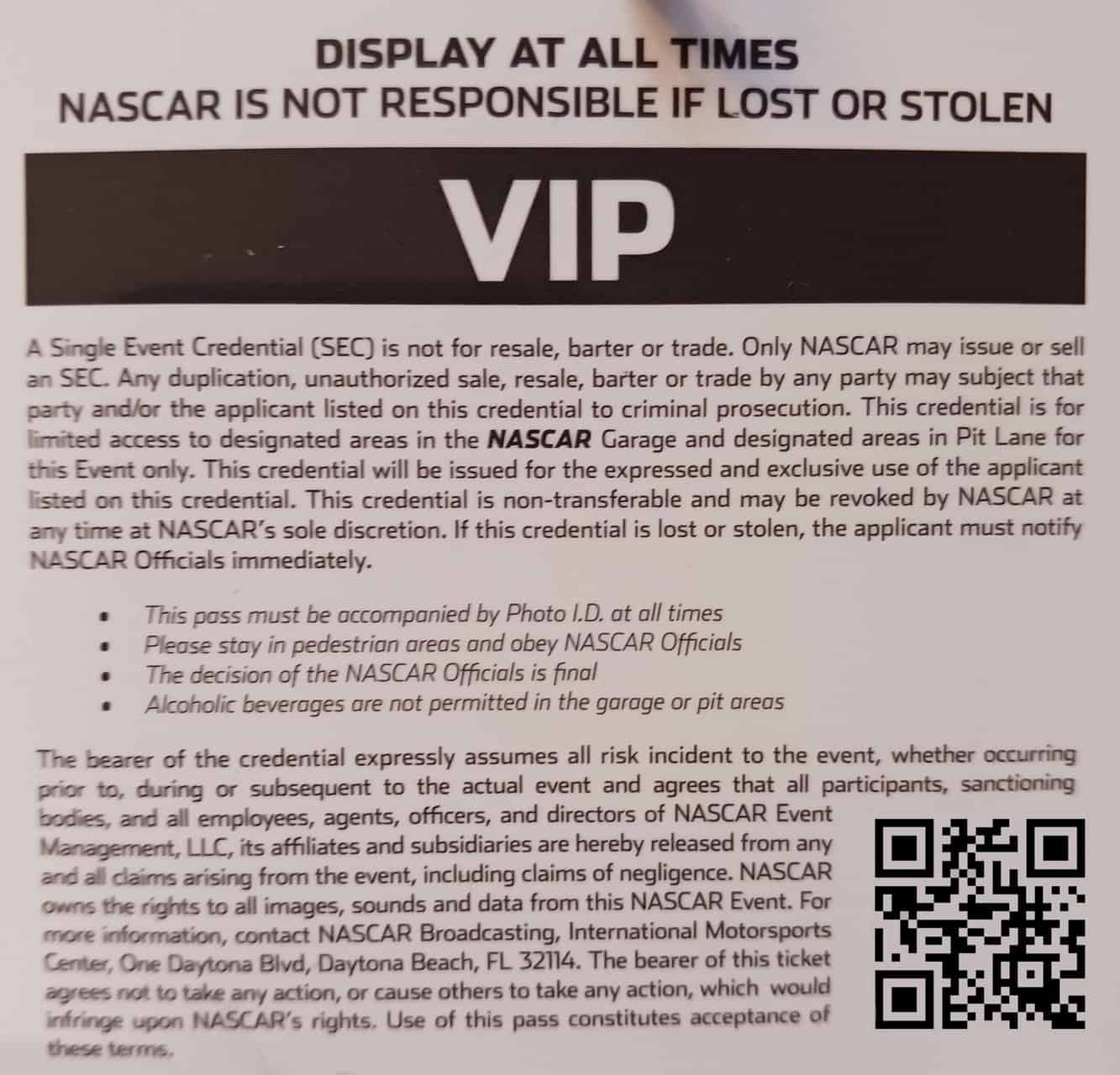 NASCAR forbids the private sale of its VIP passes and suspended Joshua Crrech after an investion into the practice.