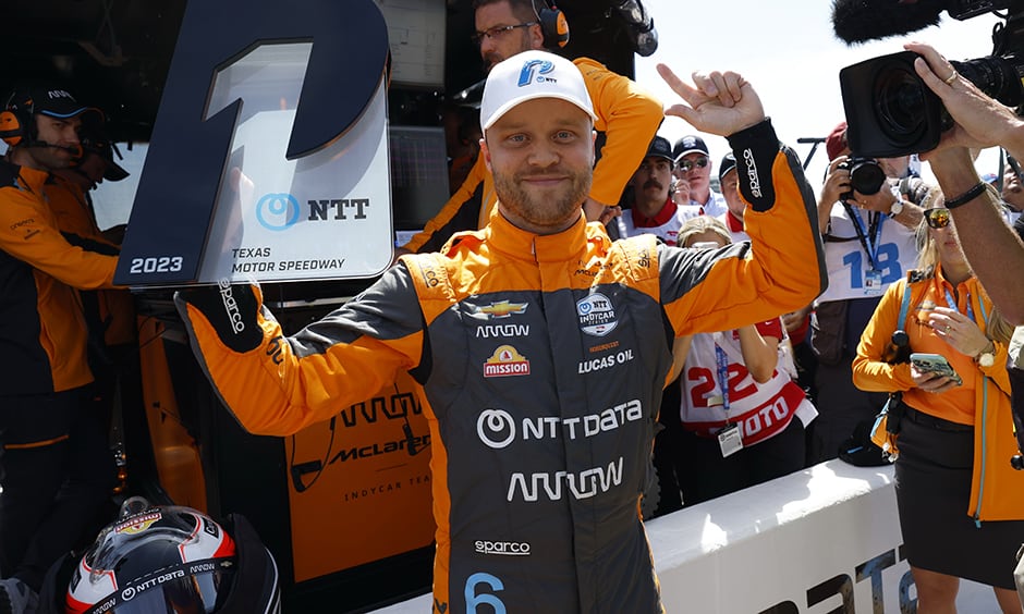 Felix Rosenqvist wins the pole for the 2023 PPG 375 at Texas Motor Speedway for Arrow McLaren in the NTT IndyCar Series.