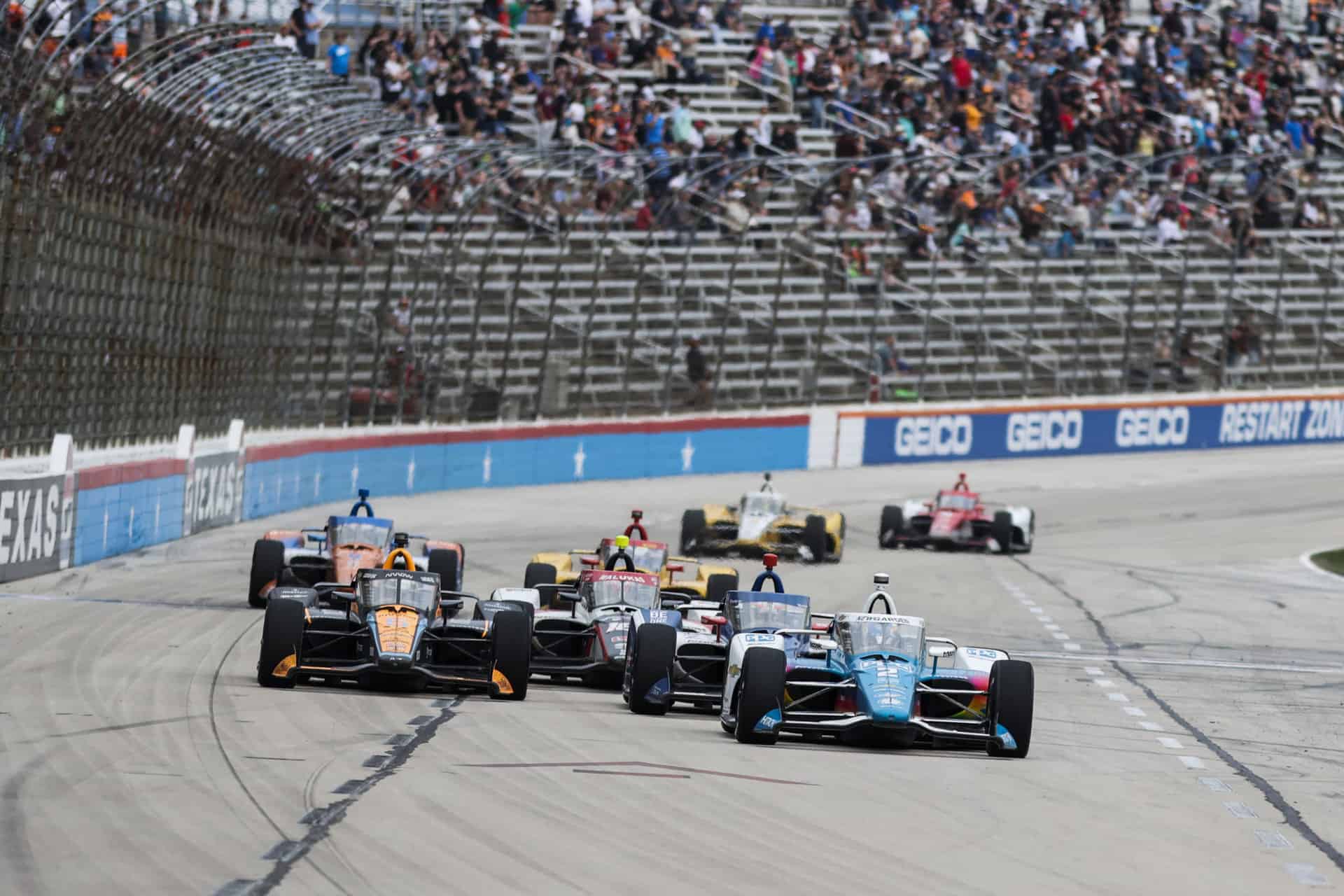 Josef newgarden leads during a late race restart at texas motor speedway in the 2023 ppg 375, en route to his first victory of the season. Photo by nigel kinrade photography.