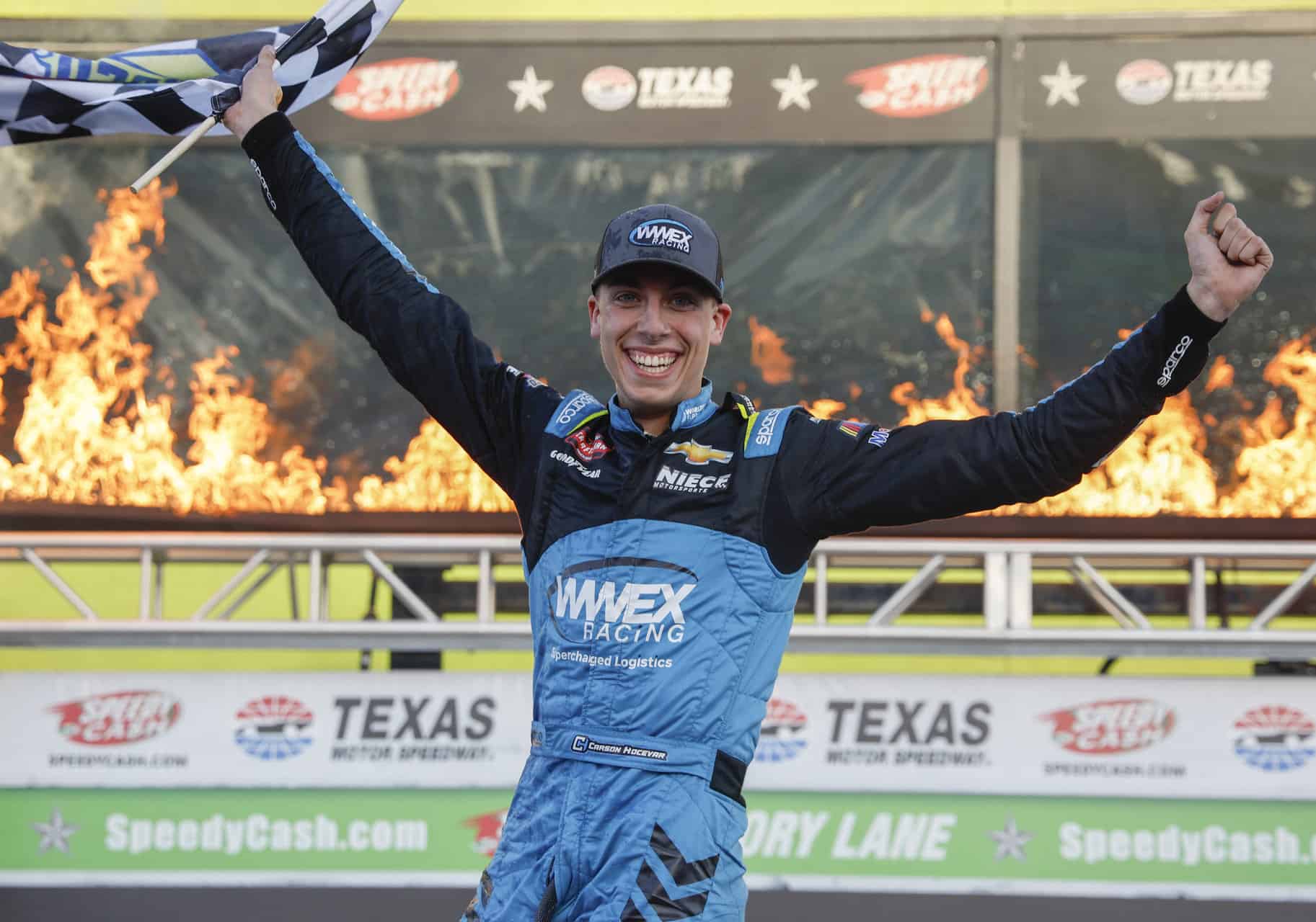 Carson Hocevar wins the 2023 SpeedyCash.com 250 at Texas Motor Speedway. Photo by Chris Graythen/Getty Images.