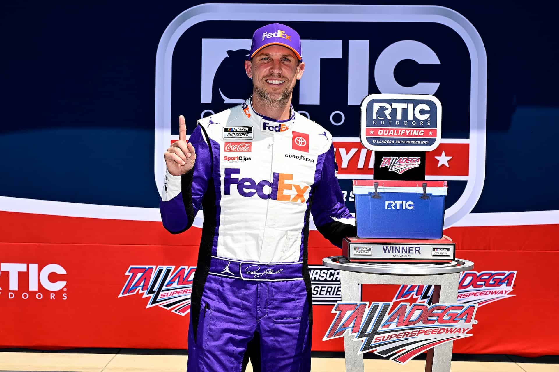 Denny Hamlin wins the pole for Sunday's Geico 500 at Talladega Superspeedway. Photo by Nigel Kinrade Photography.