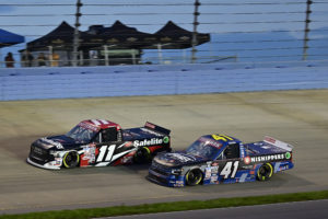 Bayley Currey had a career night in the NASCAR Craftsman Truck Series race at Nashville Superspeedway as he score a top-five finish.