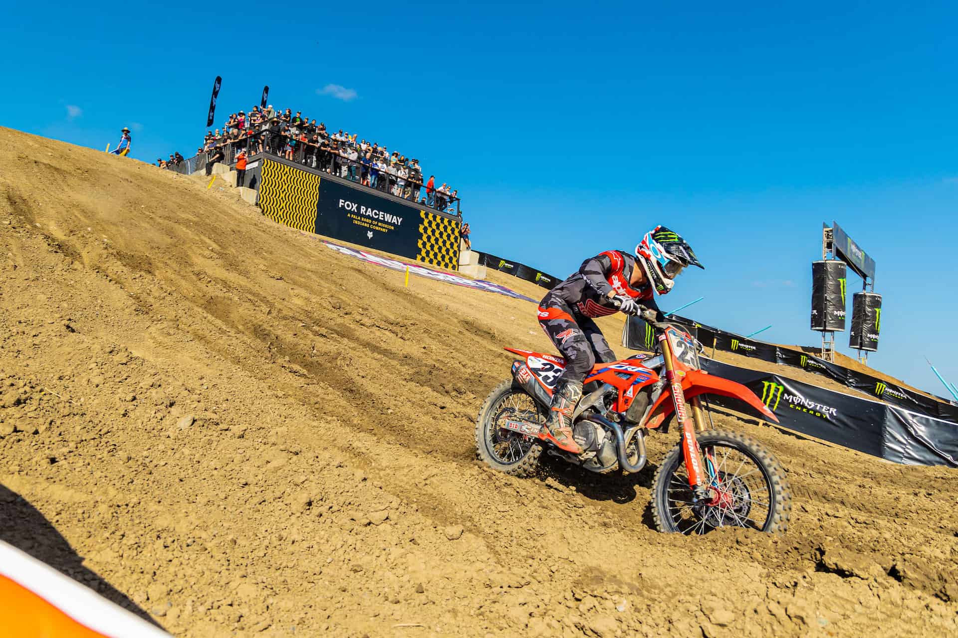 Chase Sexton rides down the hill at Fox Raceway in the first round of the 2023 Motocross Season. Photo by Align Media