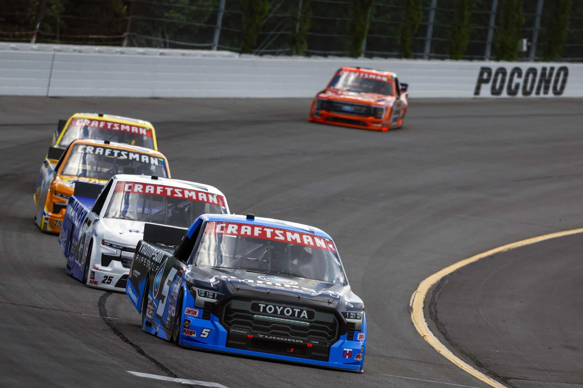 Dean thompson rebounded from three consecutive races in which he dnf'd with a top-10 finish in the nascar craftsman truck series at pocono raceway.