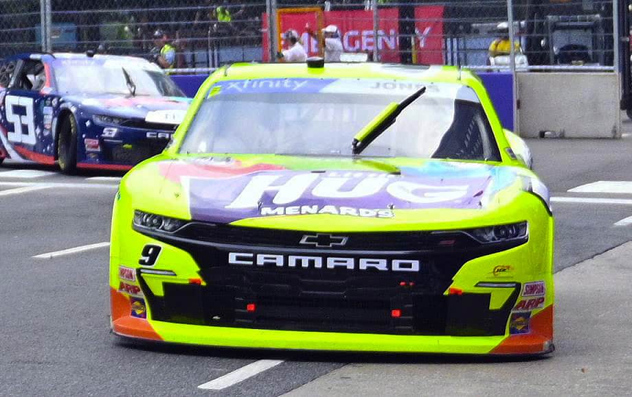 A similar photo of the same car taken from the opposite side of the track but in the same turn by a Bloomberg photographer was incorrectly labeled by the outlet as the Sunday Cup Series race when it was clearly from the Saturday Xfinity Series race. Photo by Jerry Jordan